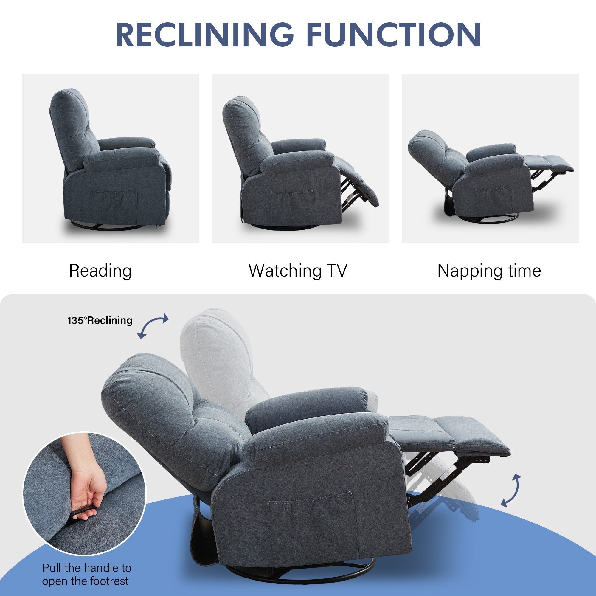 Fauteuil inclinable pivotant à 360 degrés, équipé d'un coussin et d'un dossier moelleux, fauteuil confortable