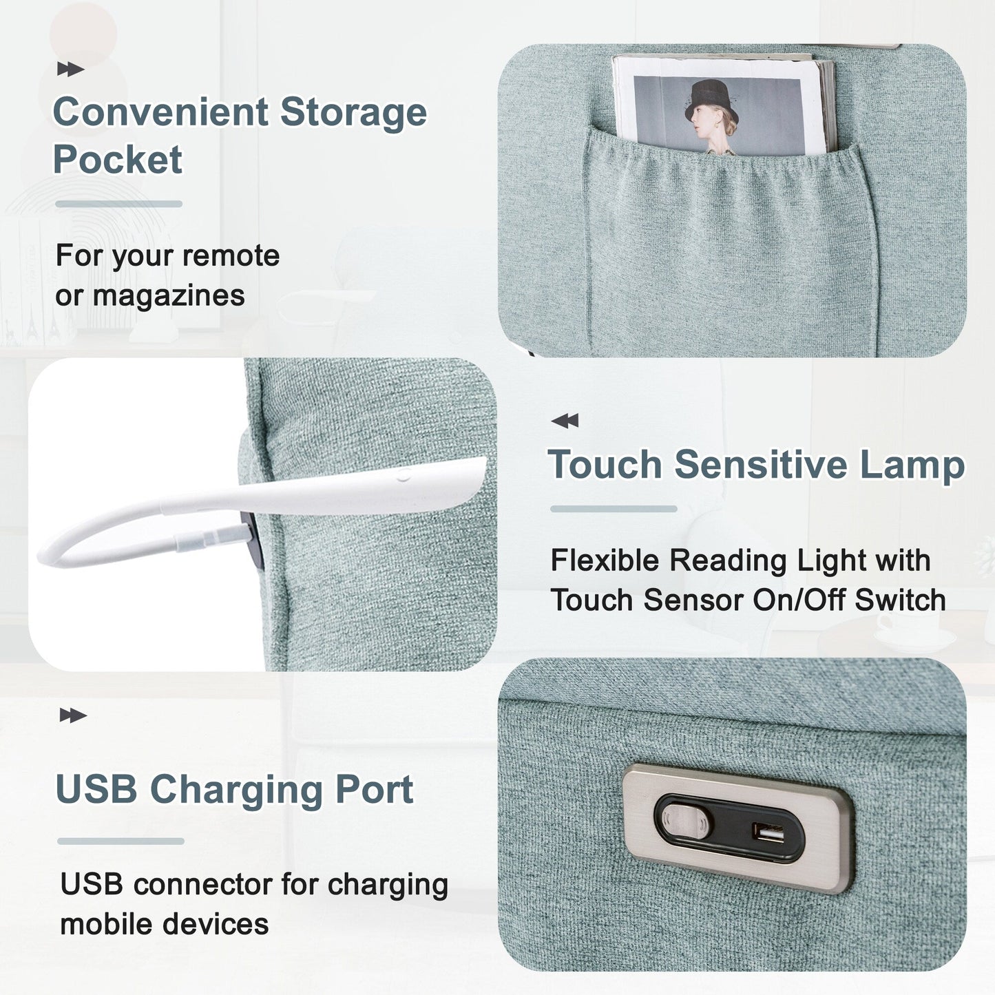 Fauteuil inclinable pivotant à 270 degrés avec port USB, poche latérale et lampe tactile