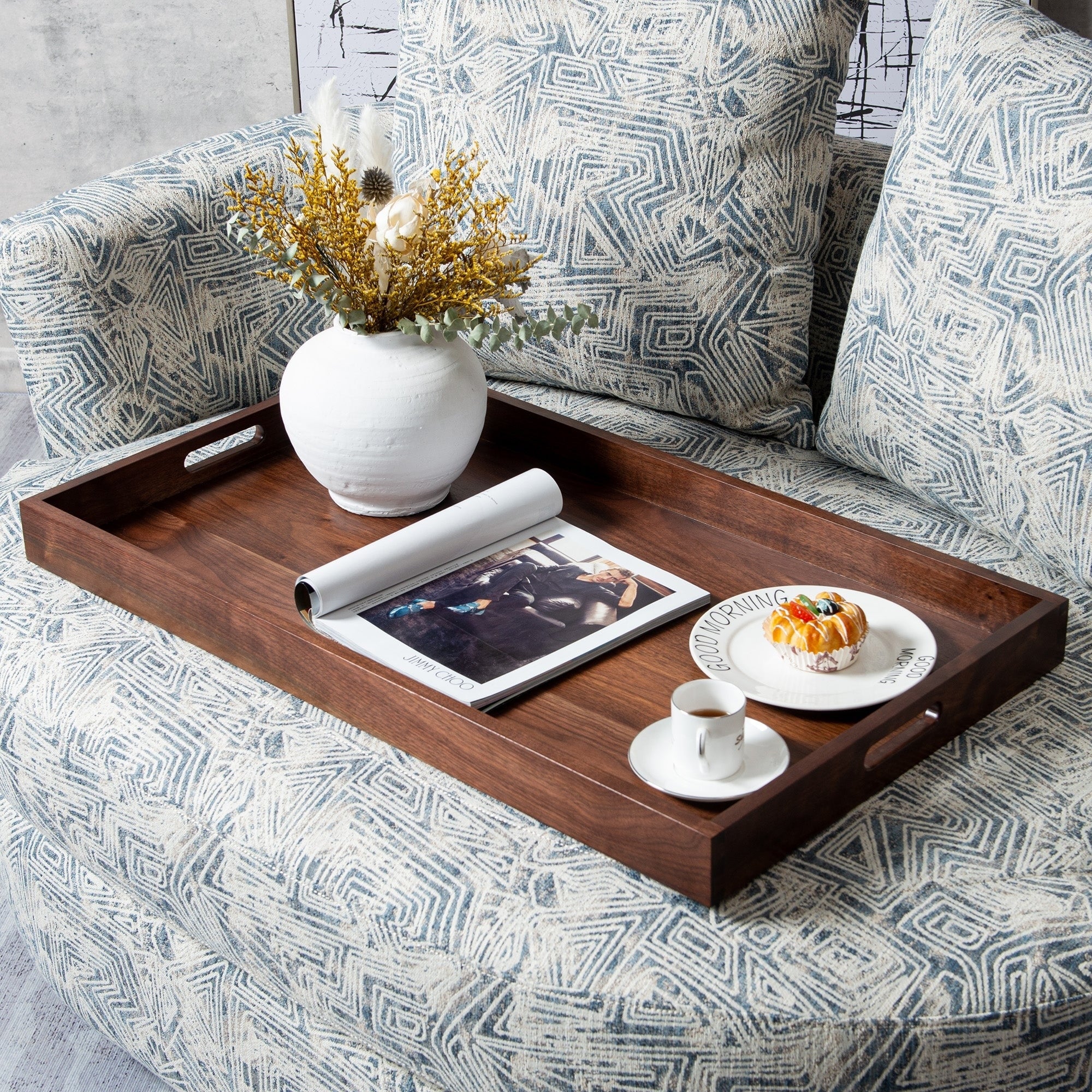 Plateau de service rectangulaire en bois de noyer noir KINWELL, plateau ottoman