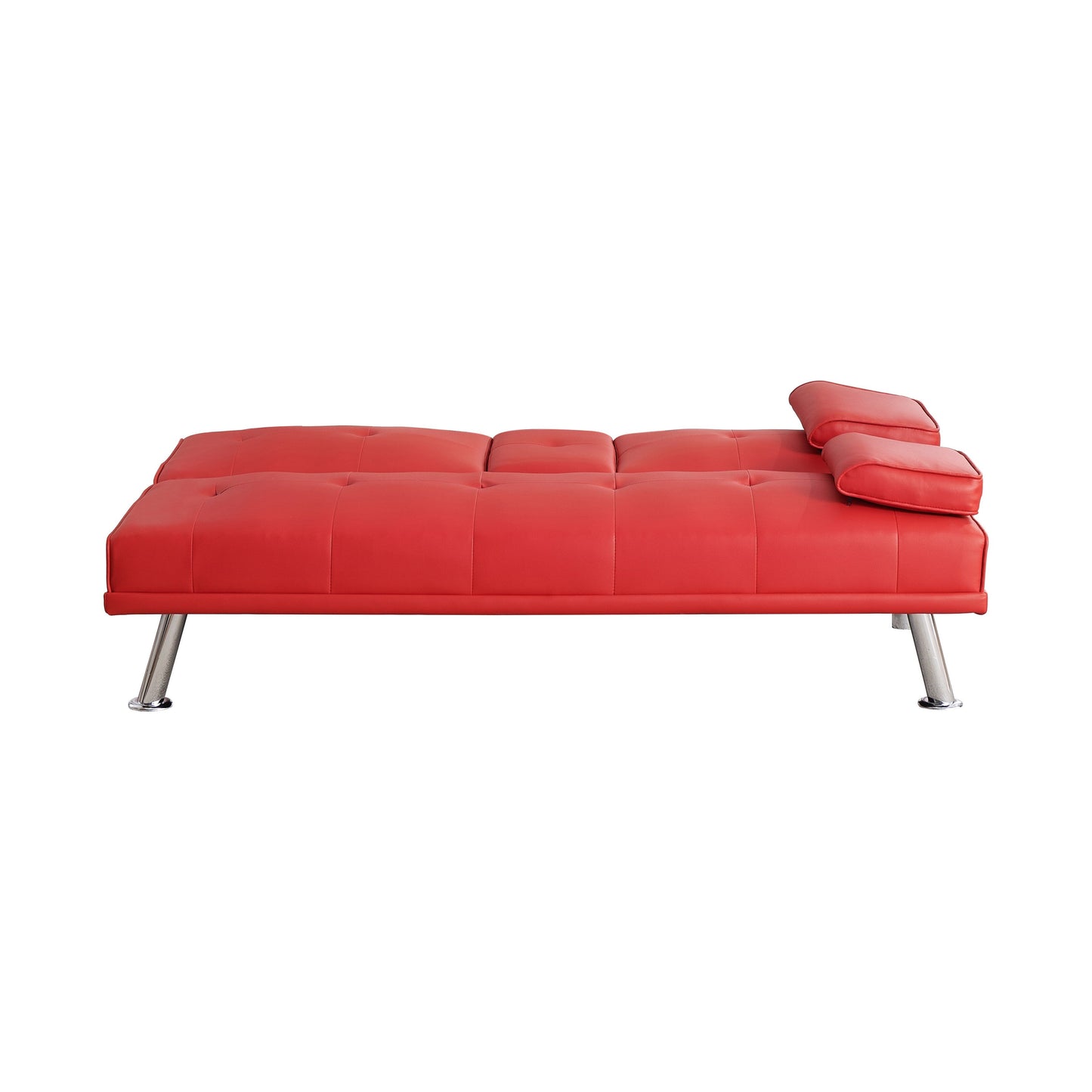 Canapé-lit pliant en similicuir rouge 67 avec pieds en métal argenté et porte-gobelet pour le salon