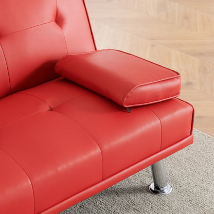 Canapé-lit pliant en similicuir rouge 67 avec pieds en métal argenté et porte-gobelet pour le salon