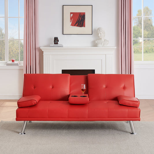 Canapé-lit pliant en similicuir rouge 67 avec pieds en métal argenté et porte-gobelet pour le salon