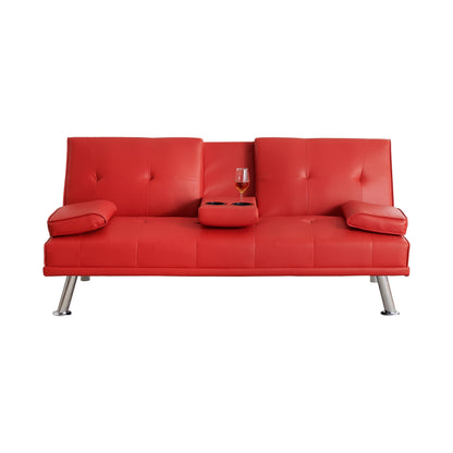 Canapé-lit pliant en similicuir rouge 67 avec pieds en métal argenté et porte-gobelet pour le salon