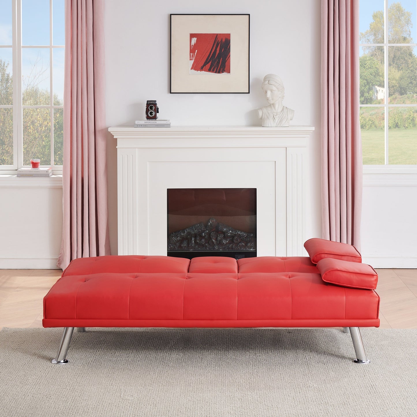 Canapé-lit causeuse en similicuir rouge 67 avec 2 porte-gobelets et pieds en acier inoxydable pour le salon