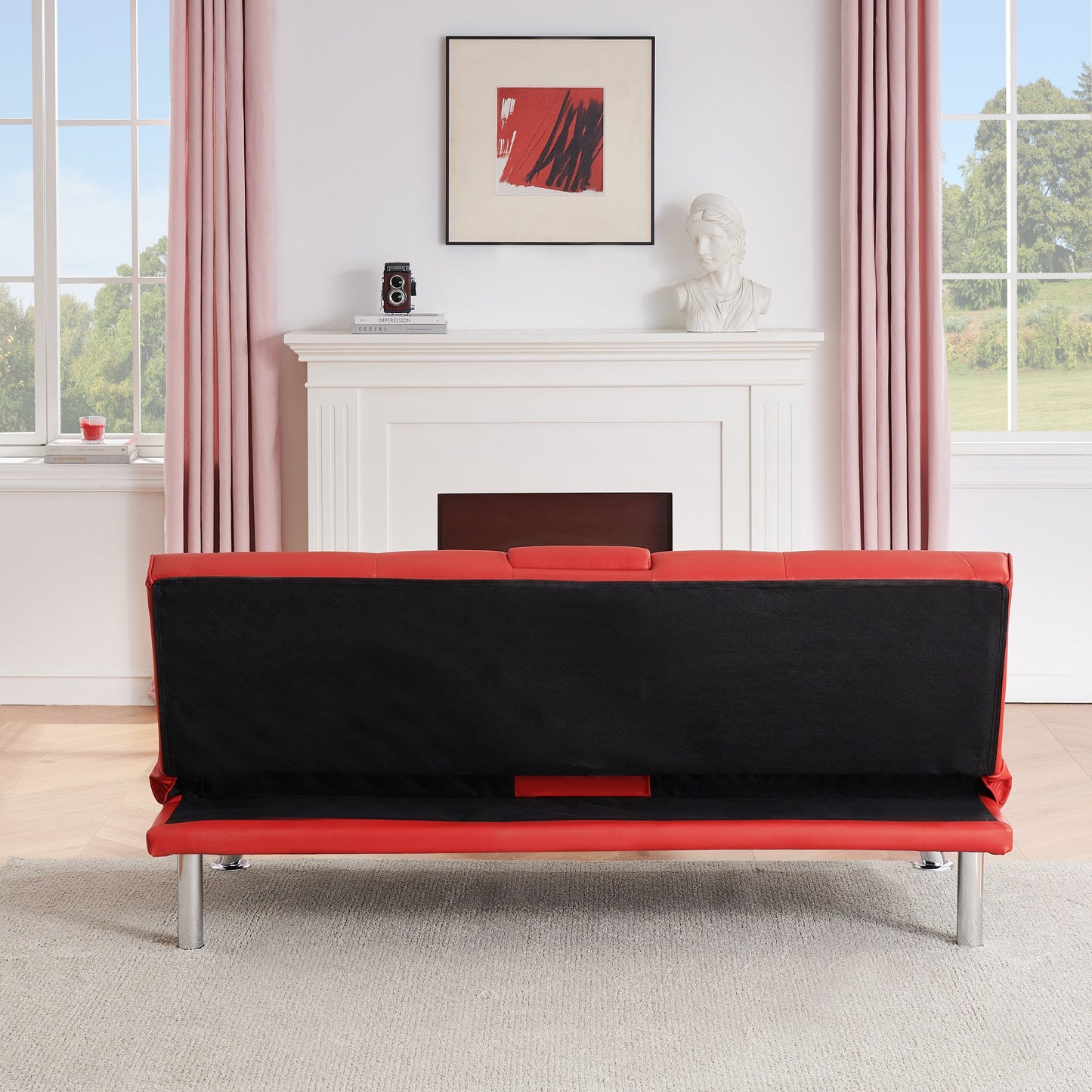 Canapé-lit causeuse en similicuir rouge 67 avec 2 porte-gobelets et pieds en acier inoxydable pour le salon