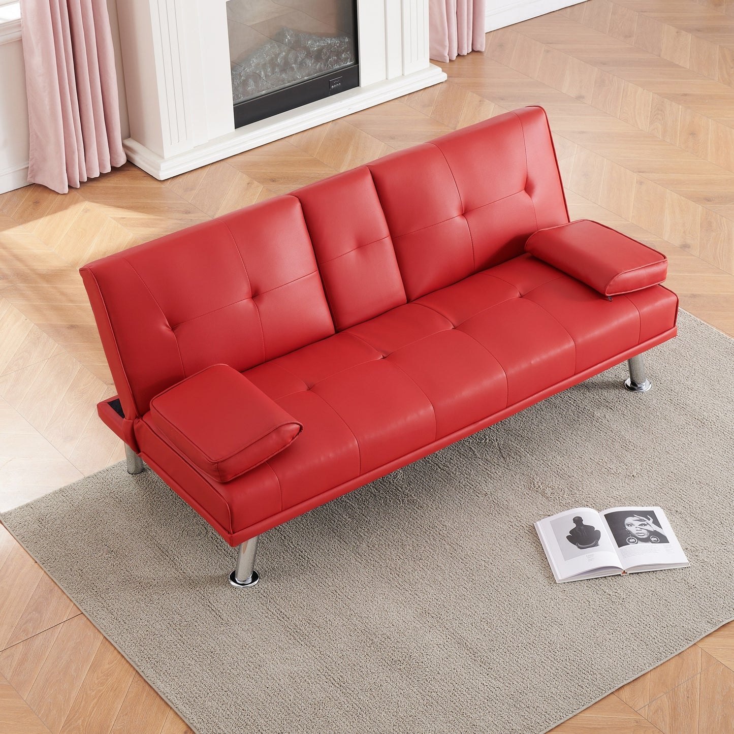 Canapé-lit causeuse en similicuir rouge 67 avec 2 porte-gobelets et pieds en acier inoxydable pour le salon