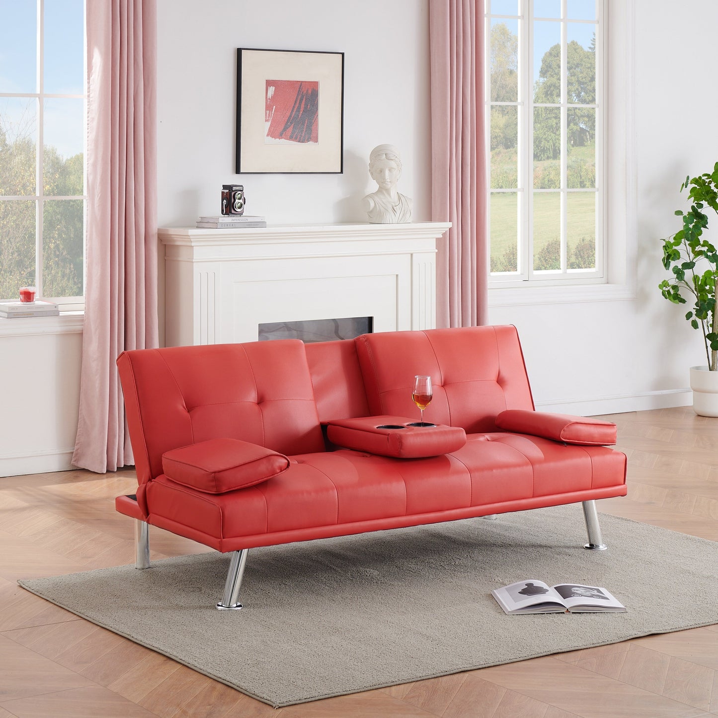 Canapé-lit causeuse en similicuir rouge 67 avec 2 porte-gobelets et pieds en acier inoxydable pour le salon