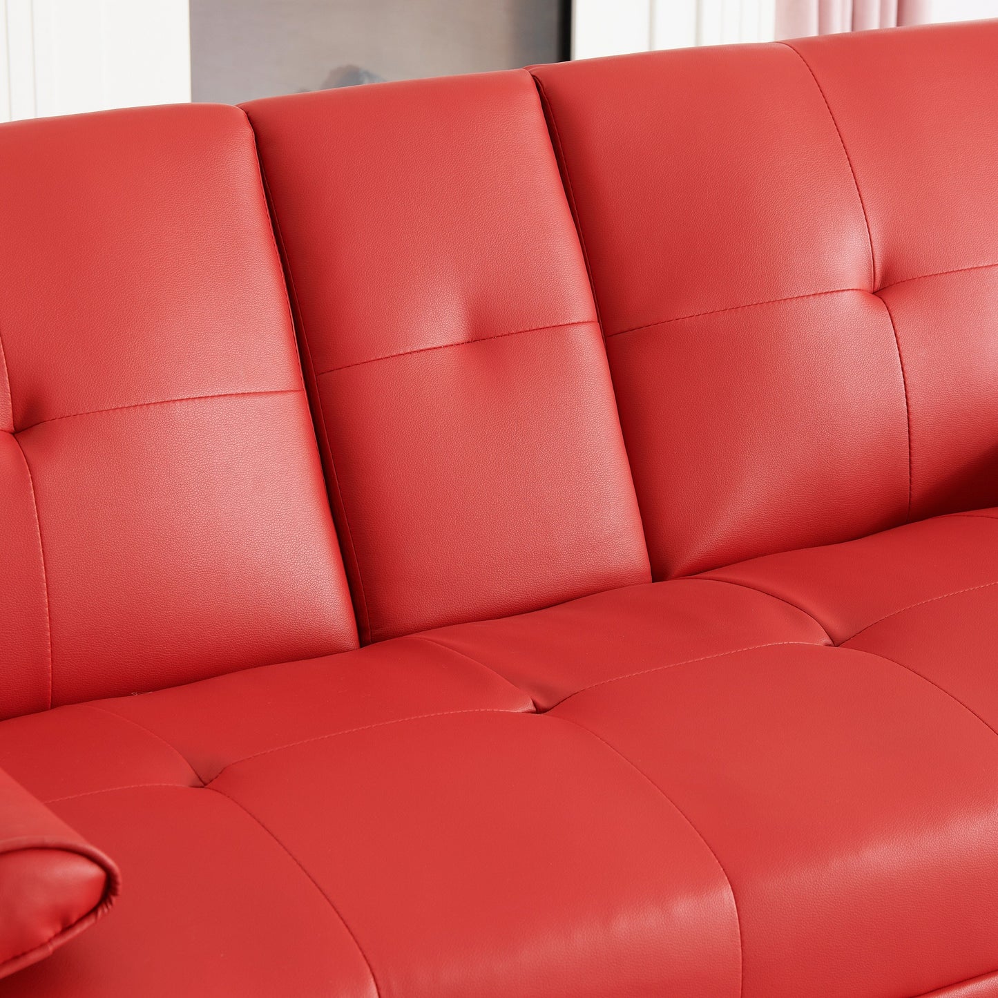 Canapé-lit causeuse en similicuir rouge 67 avec 2 porte-gobelets et pieds en acier inoxydable pour le salon
