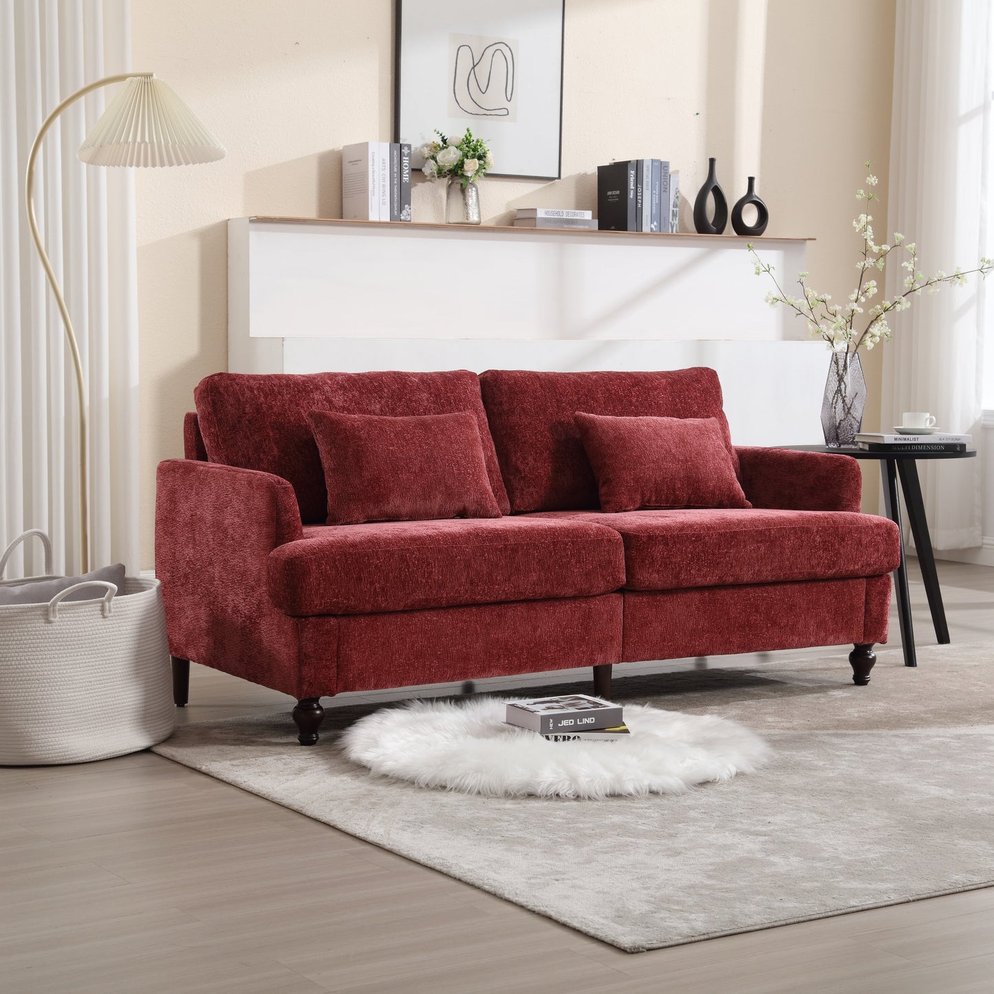 Canapé 2 places rouge en chenille de 68,9 po avec coussins amovibles