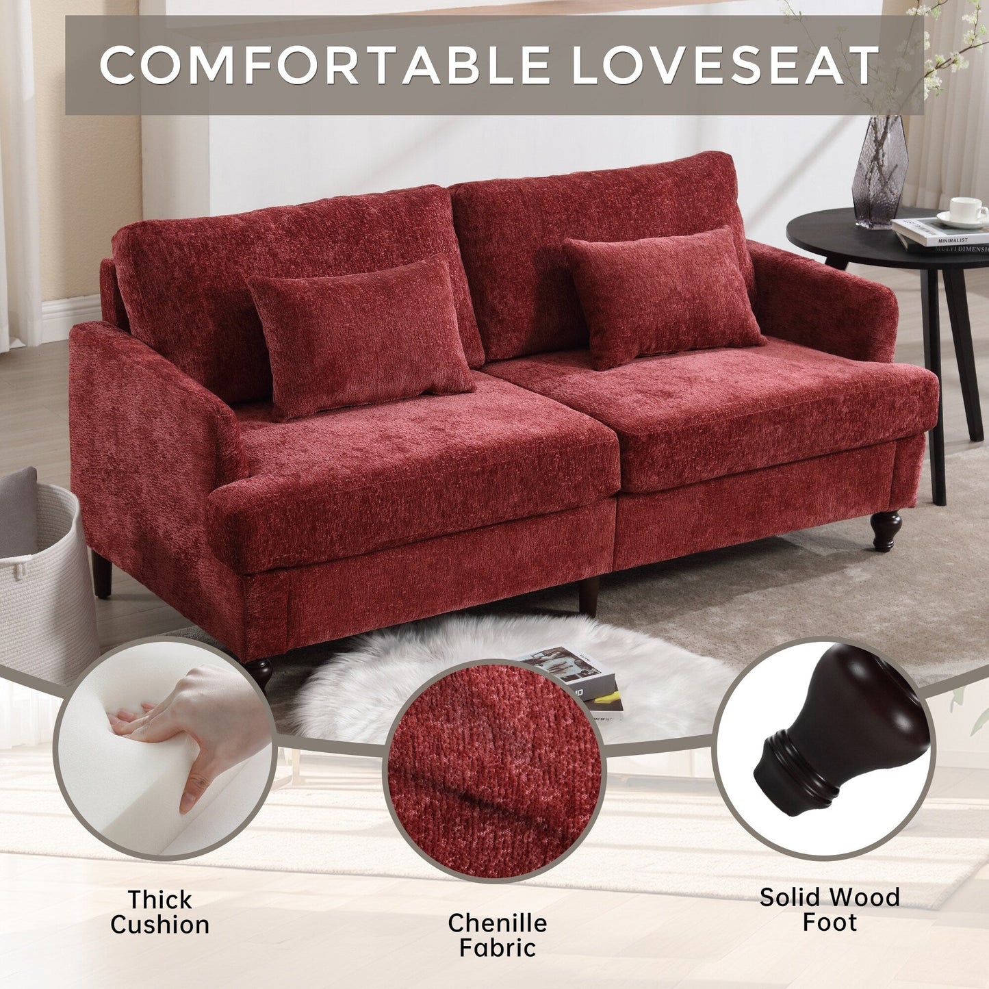 Canapé 2 places rouge en chenille de 68,9 po avec coussins amovibles