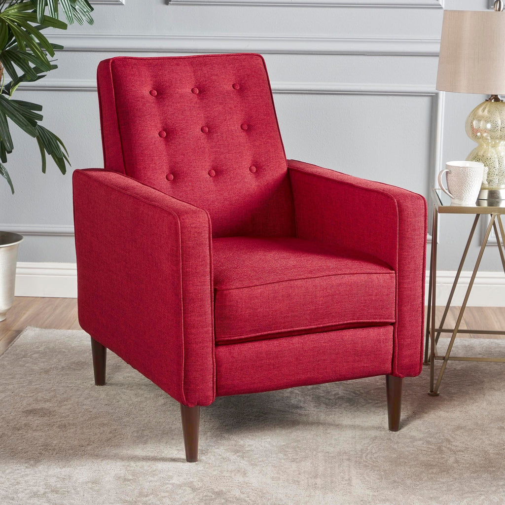 Fauteuil inclinable rembourré en tissu rouge style milieu du siècle avec repose-pieds, dossier capitonné et pieds en hêtre
