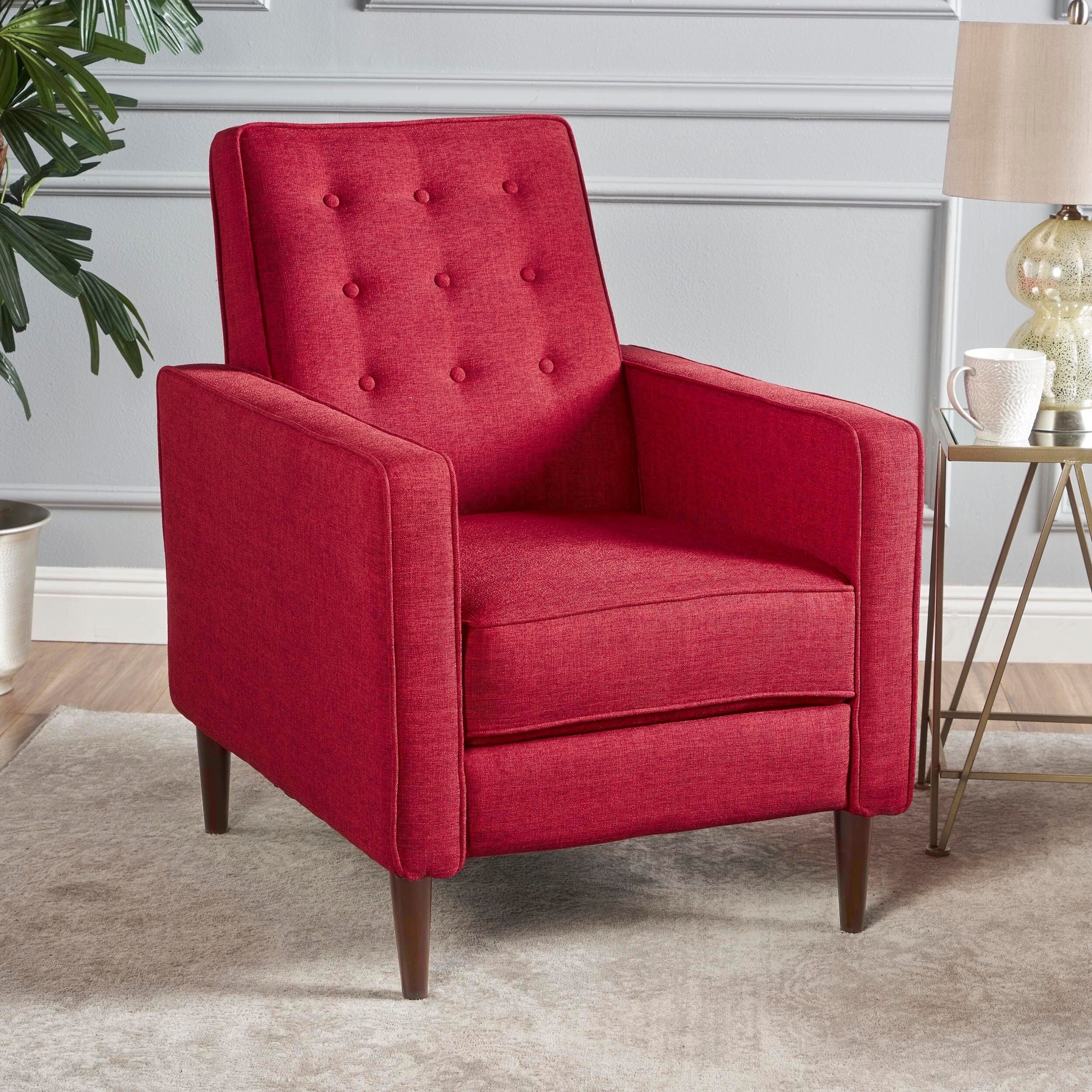 Fauteuil inclinable rembourré en tissu rouge style milieu du siècle avec repose-pieds, dossier capitonné et pieds en hêtre