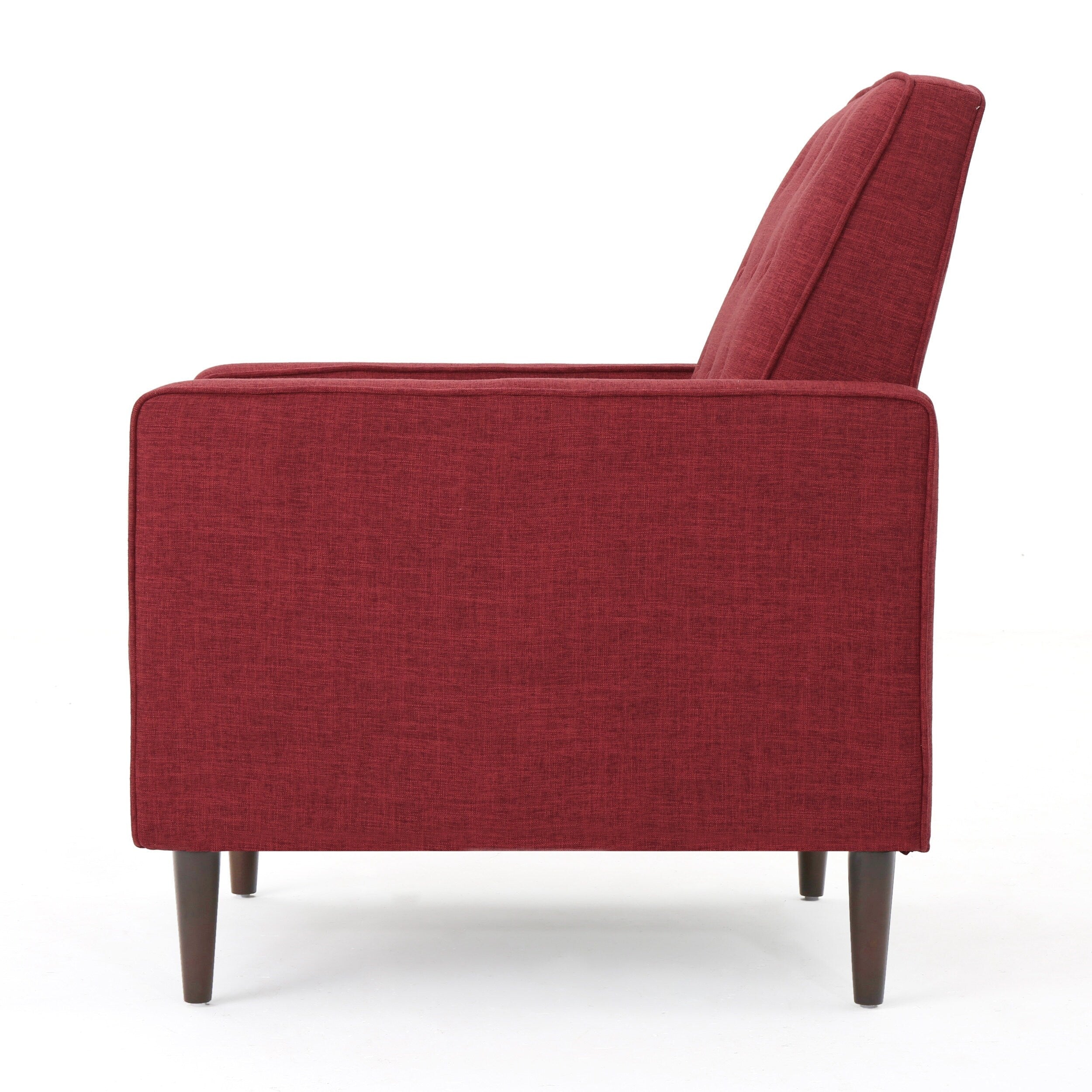 Fauteuil inclinable rembourré en tissu rouge style milieu du siècle avec repose-pieds, dossier capitonné et pieds en hêtre