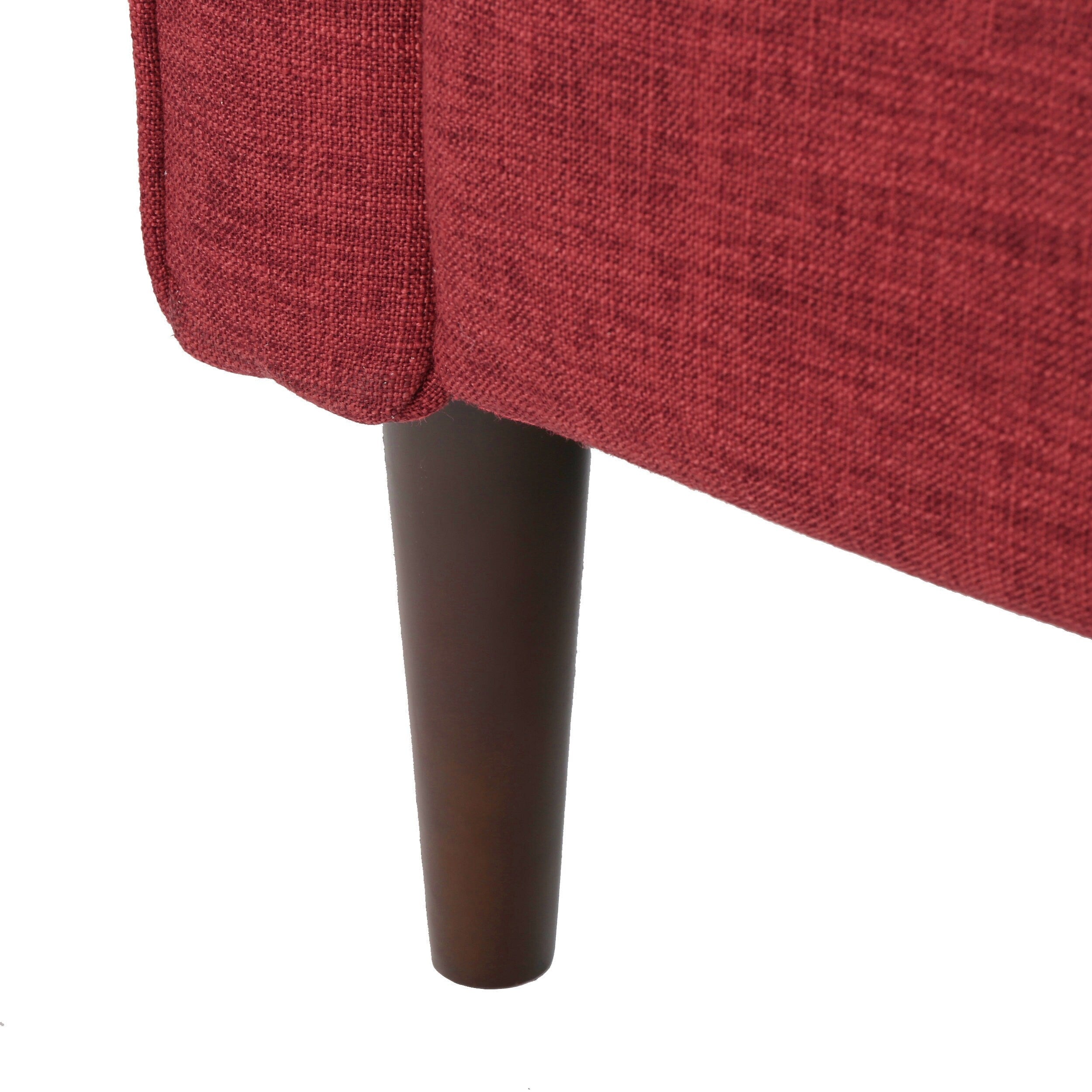 Fauteuil inclinable rembourré en tissu rouge style milieu du siècle avec repose-pieds, dossier capitonné et pieds en hêtre