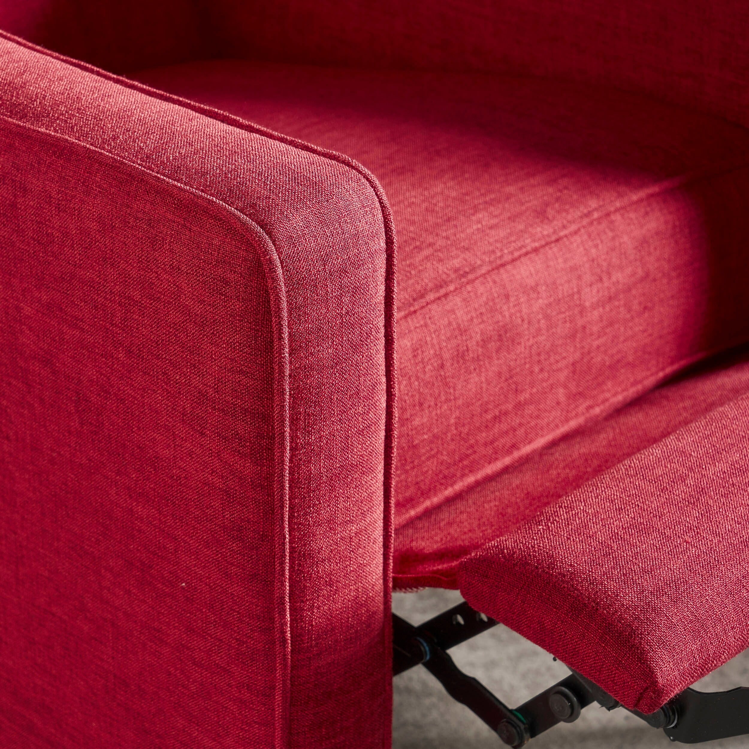 Fauteuil inclinable rembourré en tissu rouge style milieu du siècle avec repose-pieds, dossier capitonné et pieds en hêtre