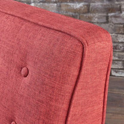 Fauteuil inclinable rembourré en tissu rouge style milieu du siècle avec repose-pieds, dossier capitonné et pieds en hêtre