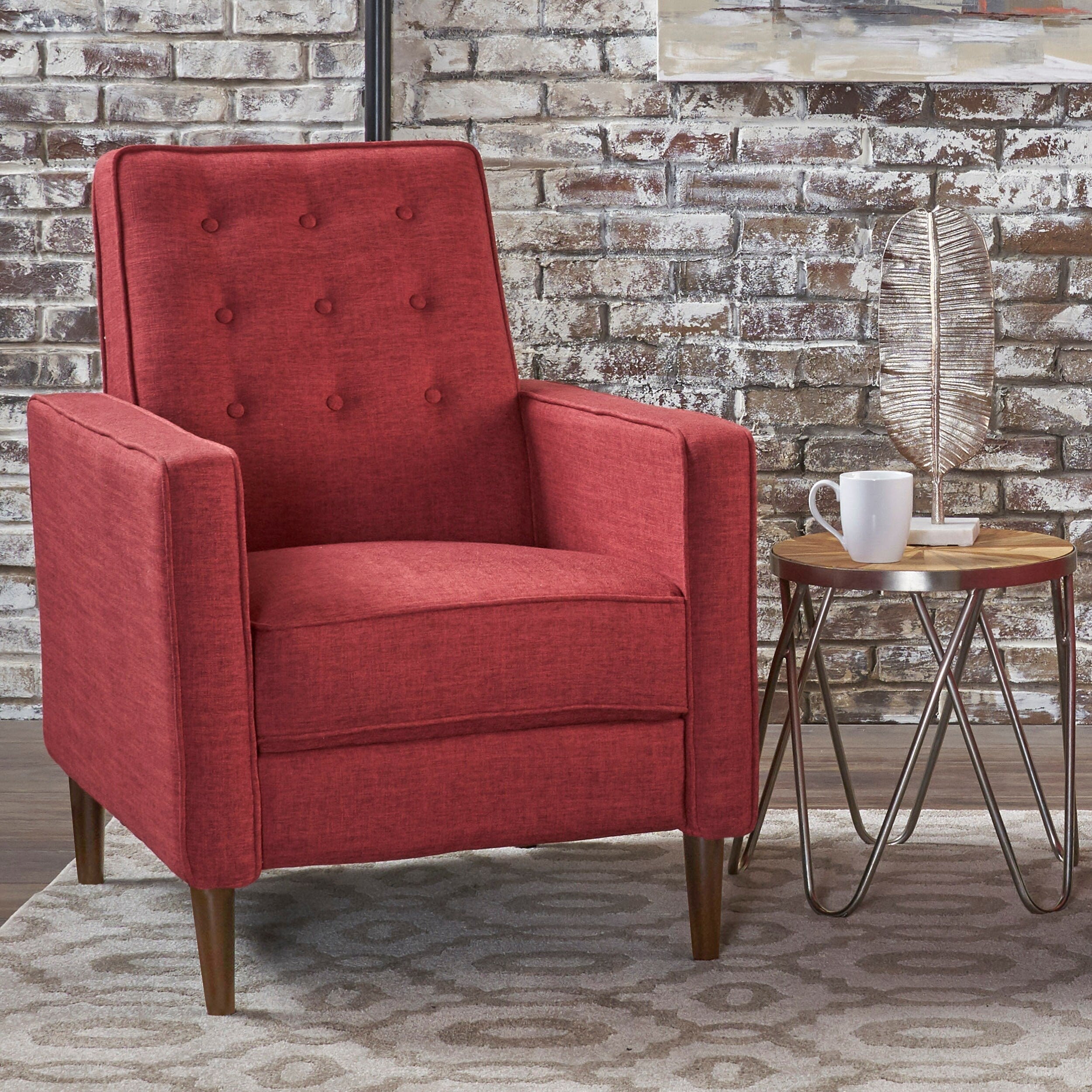 Fauteuil inclinable rembourré en tissu rouge style milieu du siècle avec repose-pieds, dossier capitonné et pieds en hêtre