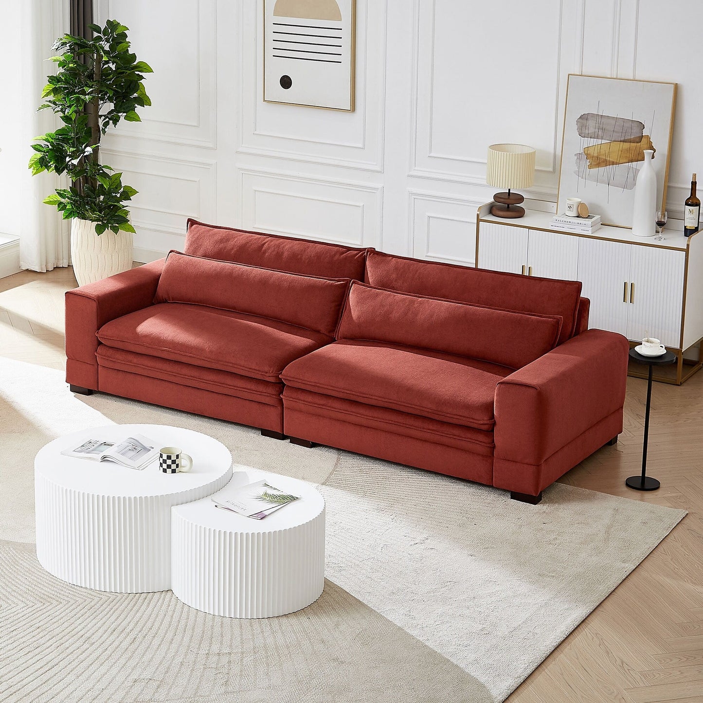 Canapé 4 places moderne en tissu rouge de 104,7 pouces avec pieds en bois