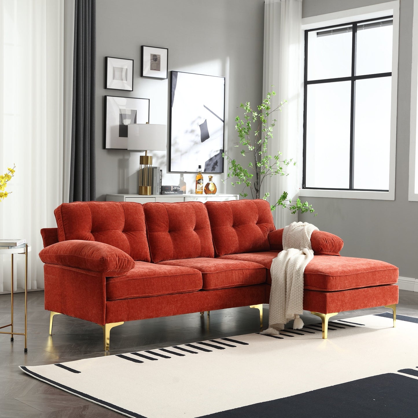Canapé 3 places en L rouge moderne de 85 pouces, avec cadre en bois de haute qualité, coussins à ressorts et coussins de taille, design classique