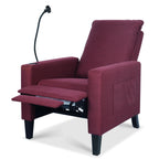 Fauteuil inclinable manuel moderne en tissu rouge avec support pour téléphone portable, porte-gobelet et repose-pieds