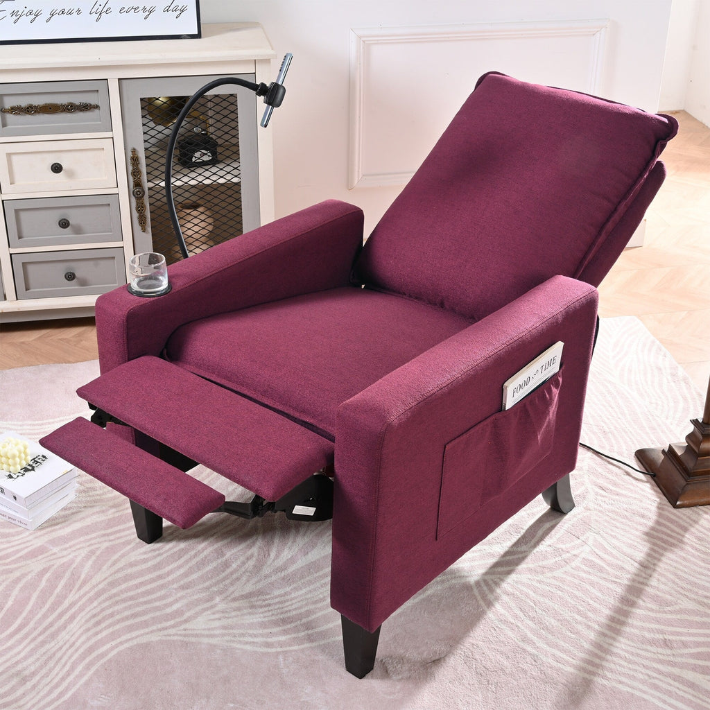 Fauteuil inclinable manuel moderne en tissu rouge avec support pour téléphone portable, porte-gobelet et repose-pieds