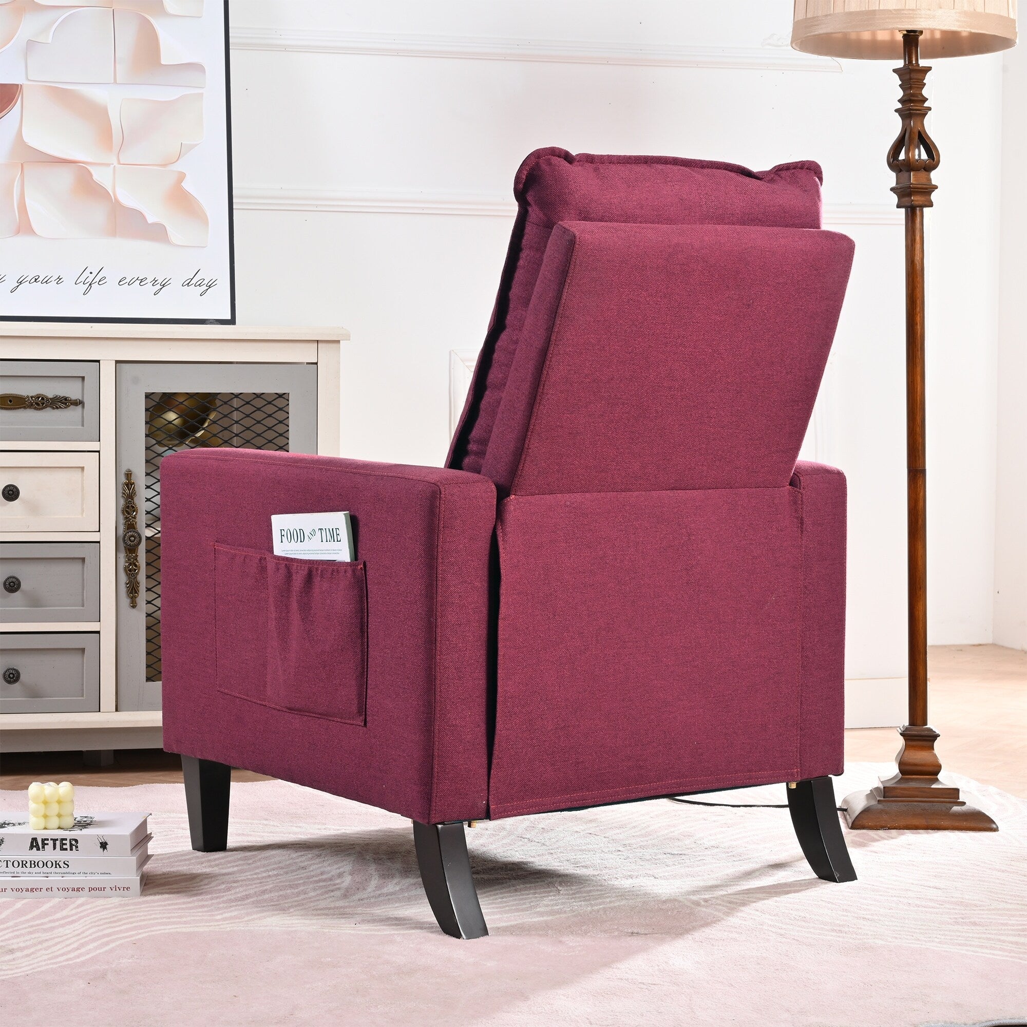 Fauteuil inclinable manuel moderne en tissu rouge avec support pour téléphone portable, porte-gobelet et repose-pieds