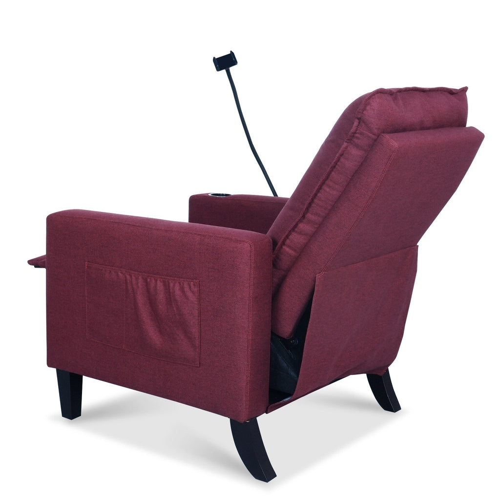 Fauteuil inclinable manuel moderne en tissu rouge avec support pour téléphone portable, porte-gobelet et repose-pieds
