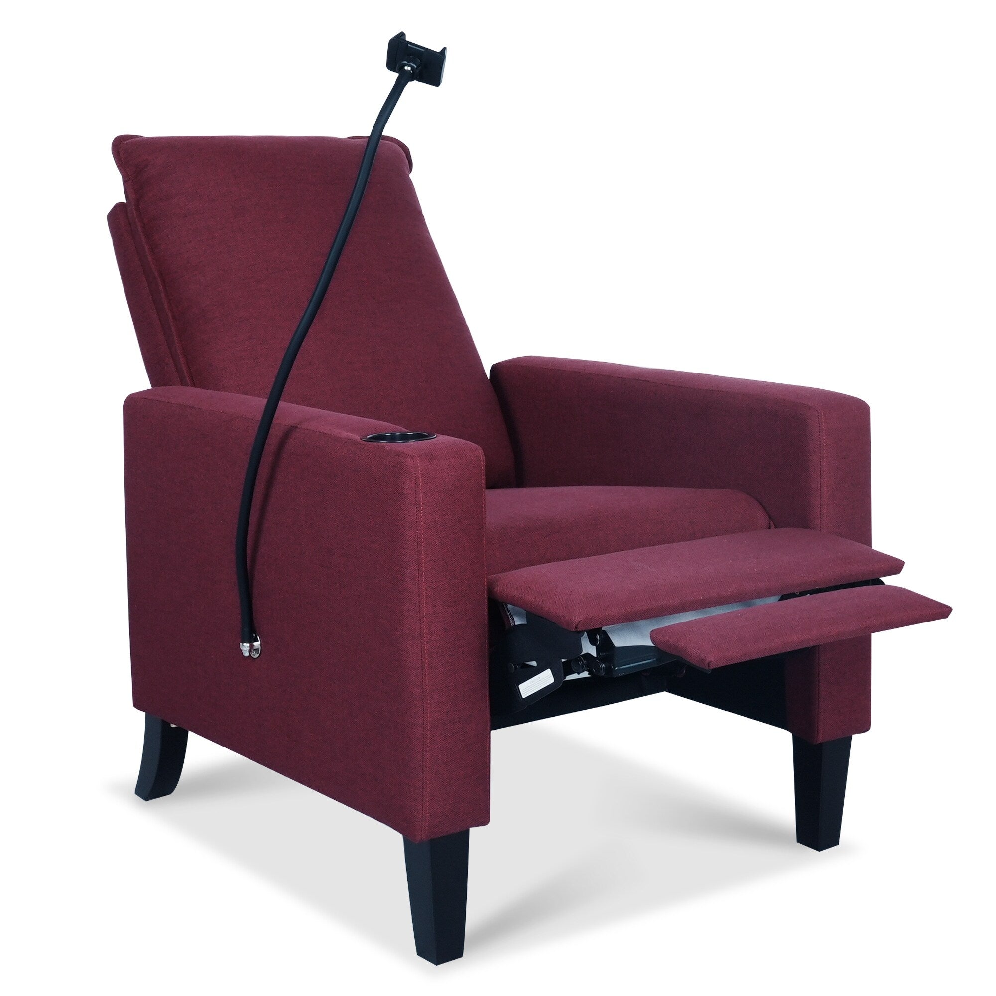 Fauteuil inclinable manuel moderne en tissu rouge avec support pour téléphone portable, porte-gobelet et repose-pieds