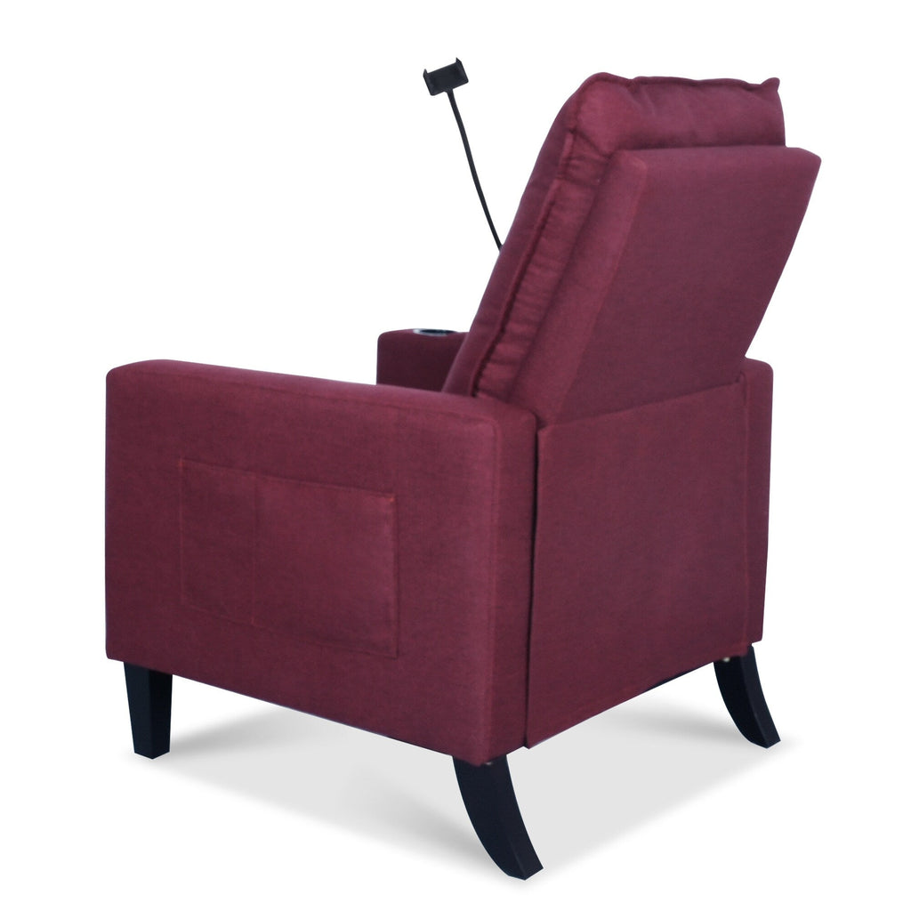 Fauteuil inclinable manuel moderne en tissu rouge avec support pour téléphone portable, porte-gobelet et repose-pieds
