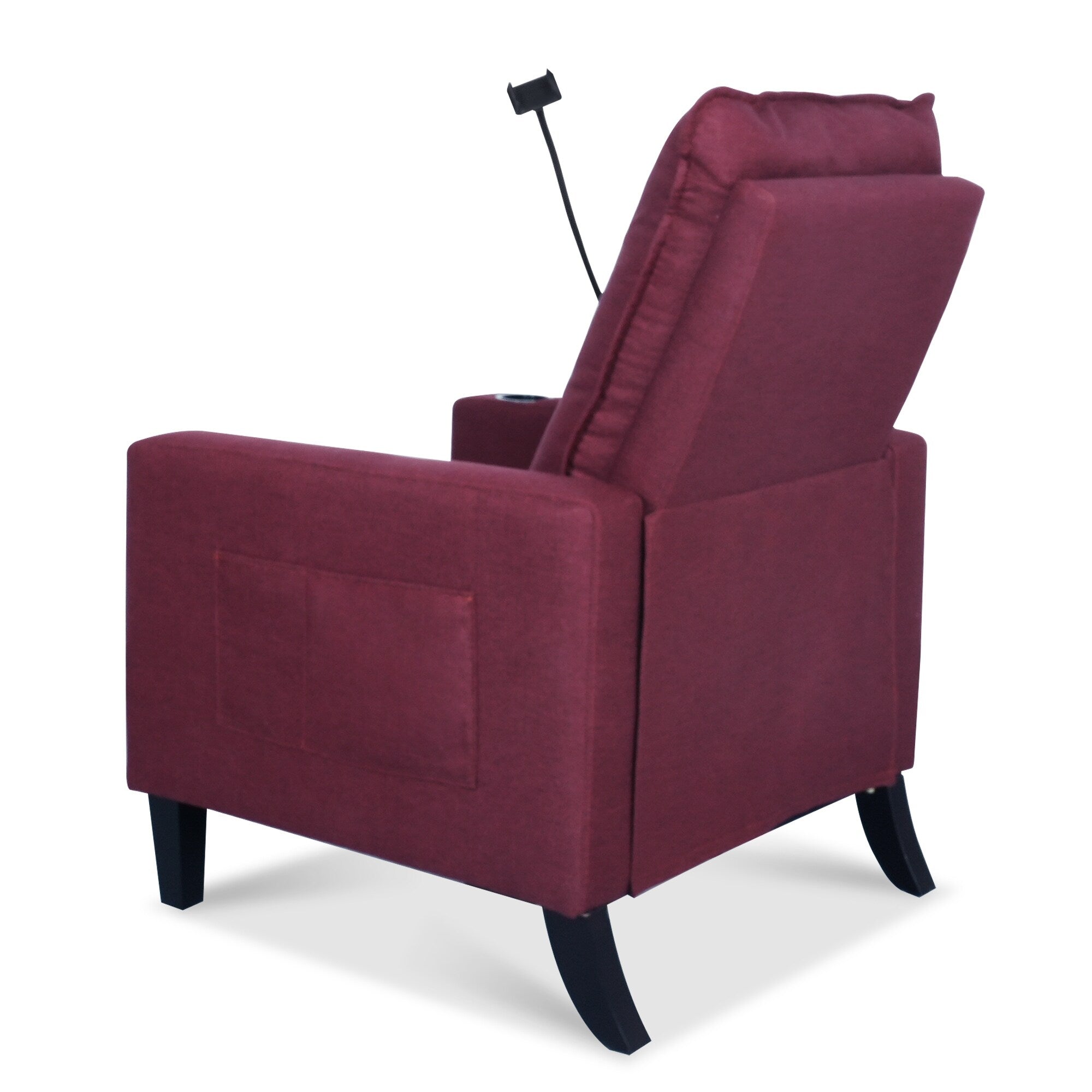 Fauteuil inclinable manuel moderne en tissu rouge avec support pour téléphone portable, porte-gobelet et repose-pieds