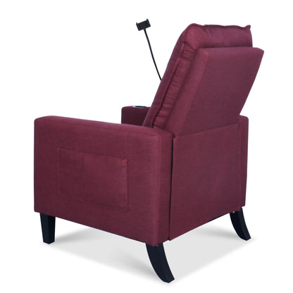 Fauteuil inclinable manuel moderne en tissu rouge avec support pour téléphone portable, porte-gobelet et repose-pieds