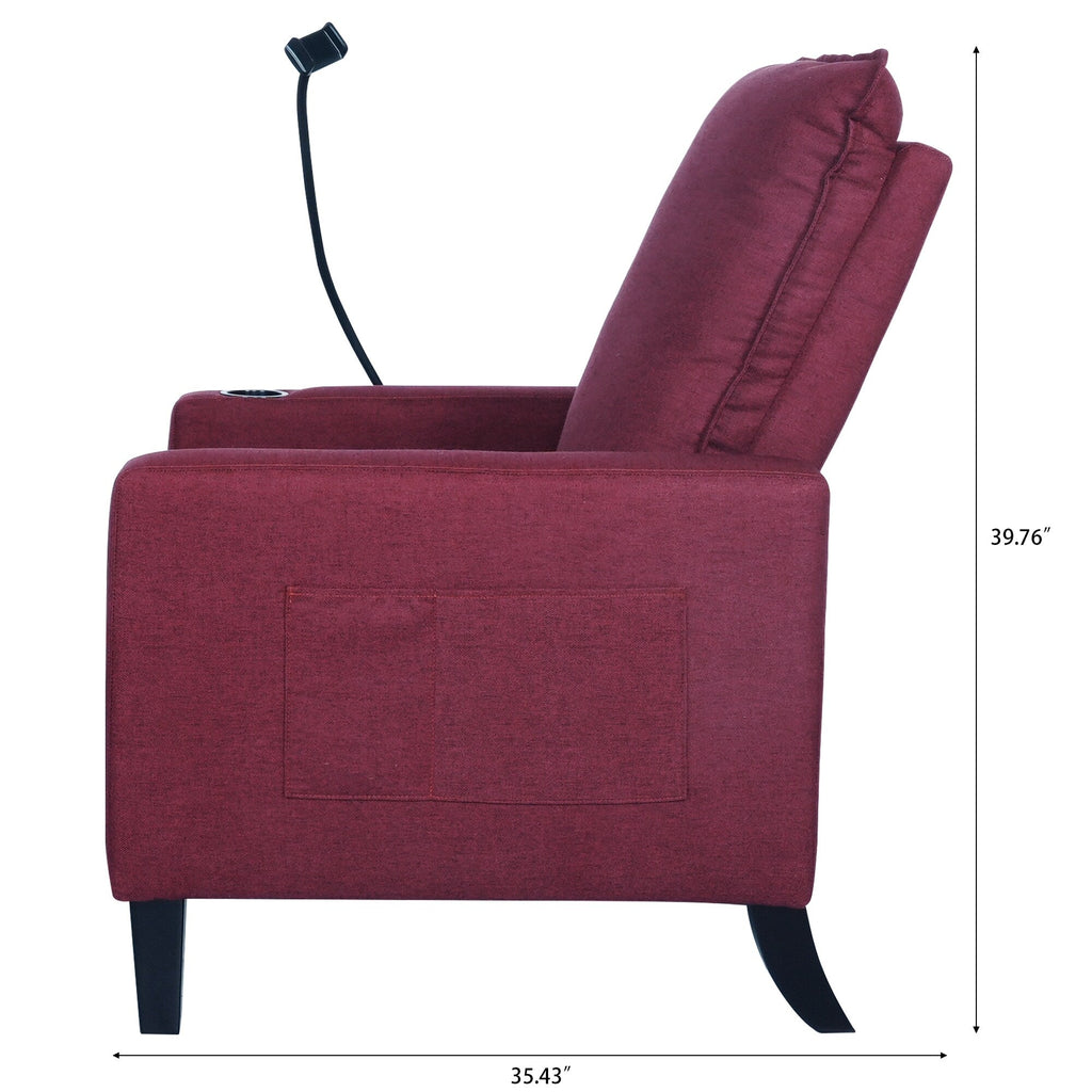 Fauteuil inclinable manuel moderne en tissu rouge avec support pour téléphone portable, porte-gobelet et repose-pieds