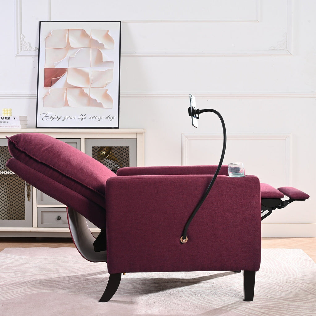 Fauteuil inclinable manuel moderne en tissu rouge avec support pour téléphone portable, porte-gobelet et repose-pieds