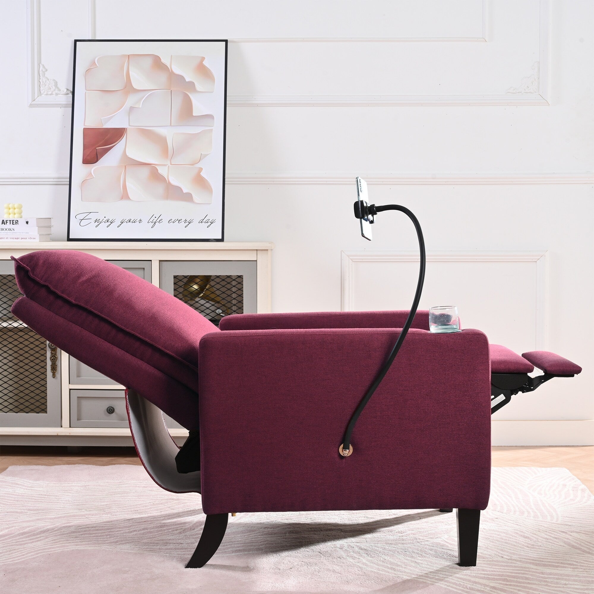 Fauteuil inclinable manuel moderne en tissu rouge avec support pour téléphone portable, porte-gobelet et repose-pieds
