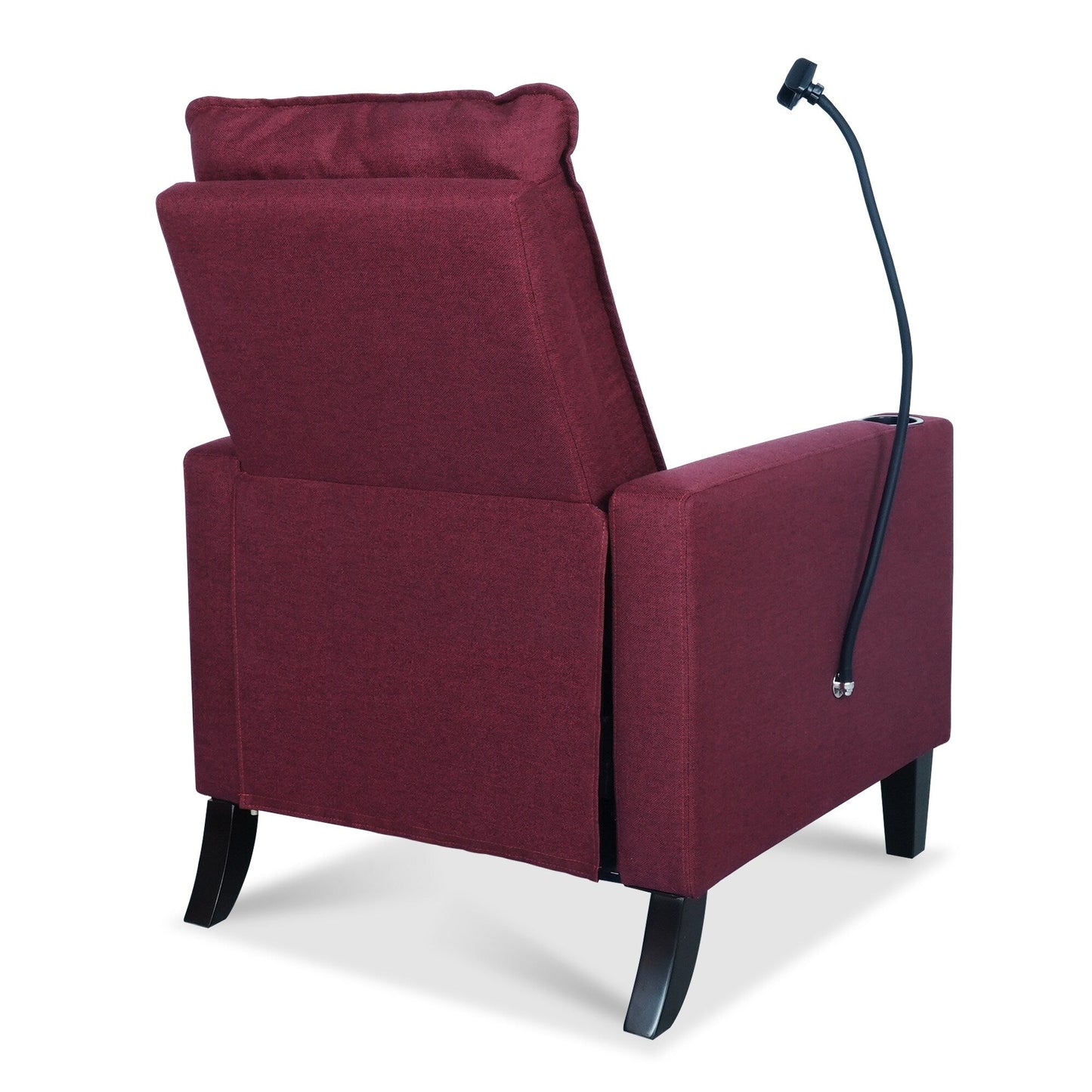 Fauteuil inclinable manuel moderne en tissu rouge avec support pour téléphone portable, porte-gobelet et repose-pieds