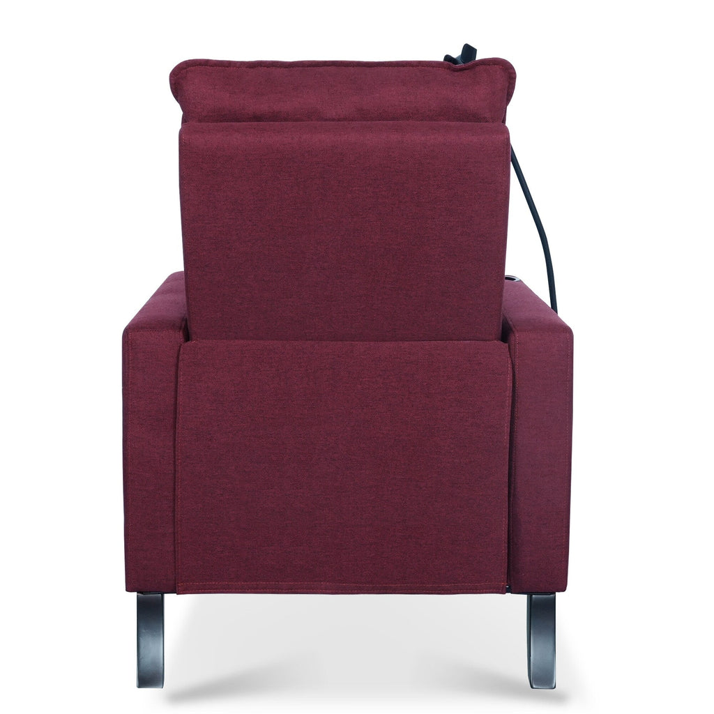 Fauteuil inclinable manuel moderne en tissu rouge avec support pour téléphone portable, porte-gobelet et repose-pieds