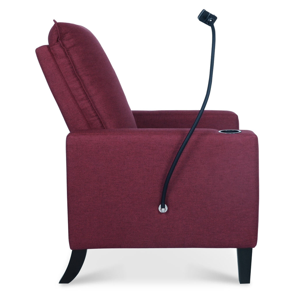 Fauteuil inclinable manuel moderne en tissu rouge avec support pour téléphone portable, porte-gobelet et repose-pieds