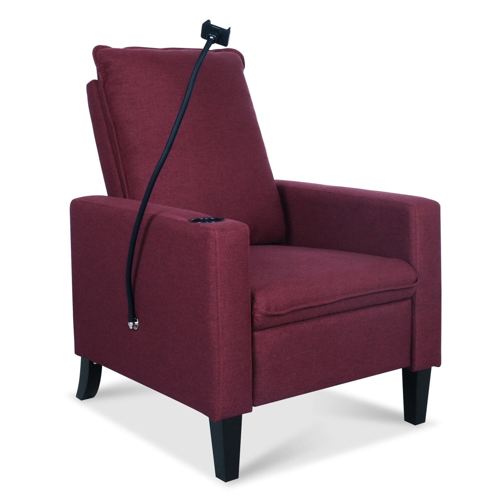 Fauteuil inclinable manuel moderne en tissu rouge avec support pour téléphone portable, porte-gobelet et repose-pieds