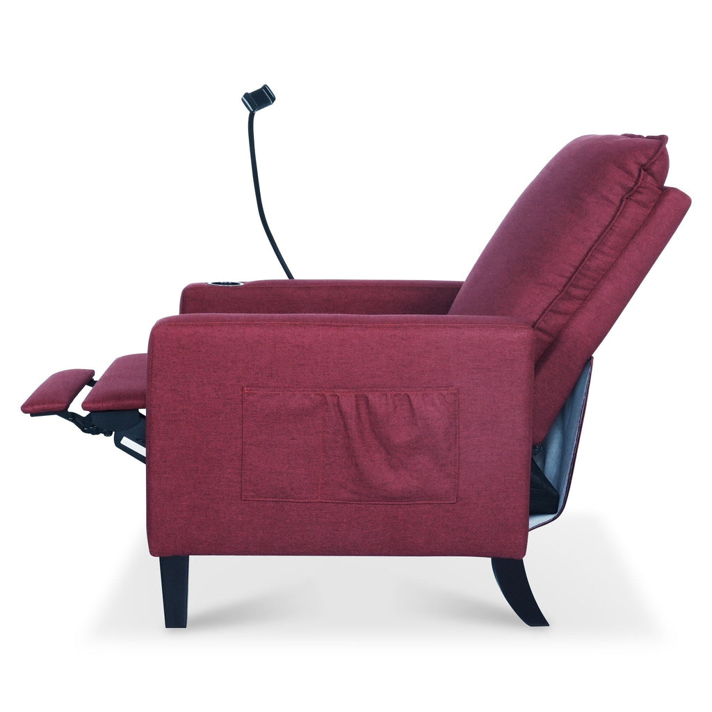 Fauteuil inclinable manuel moderne en tissu rouge avec support pour téléphone portable, porte-gobelet et repose-pieds