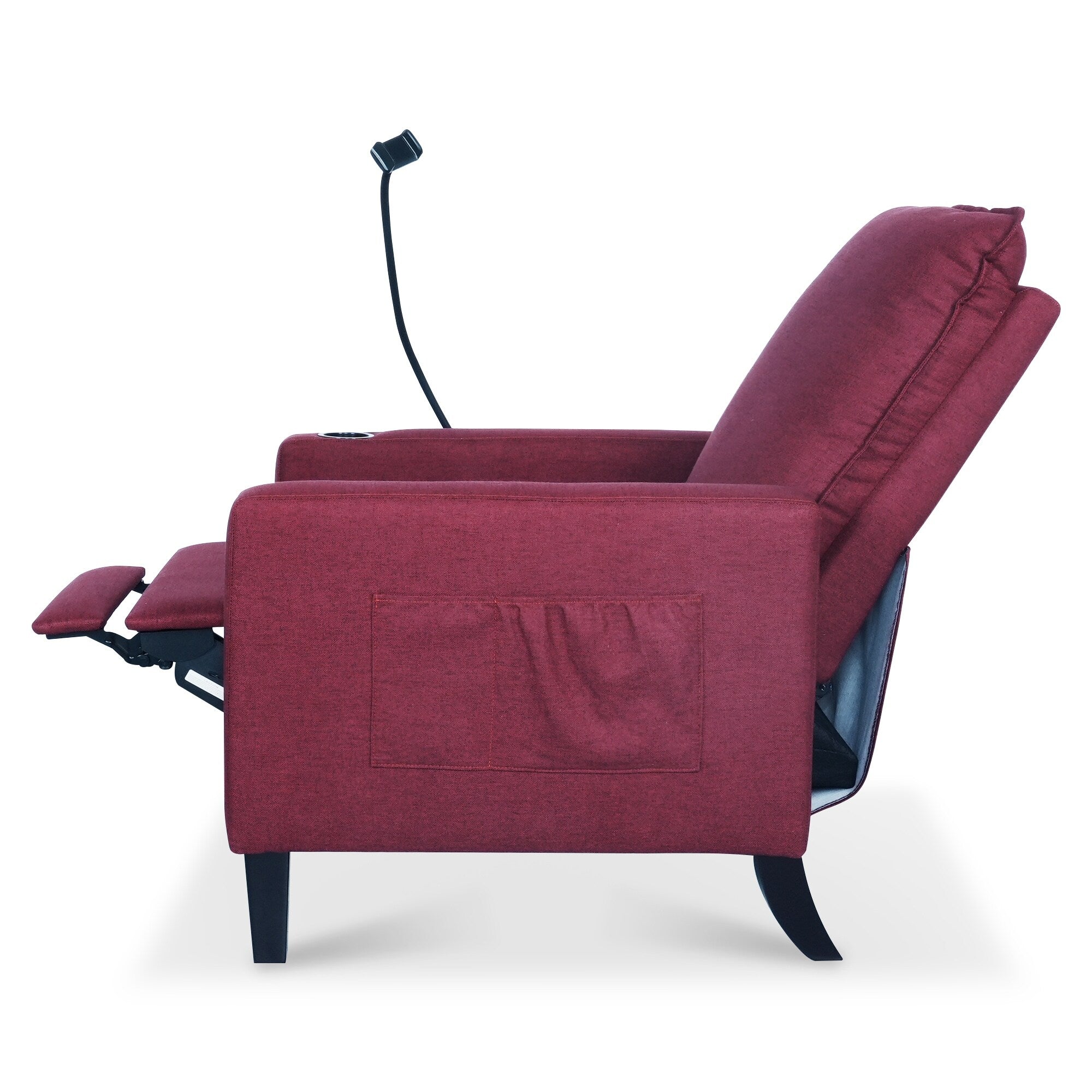 Fauteuil inclinable manuel moderne en tissu rouge avec support pour téléphone portable, porte-gobelet et repose-pieds
