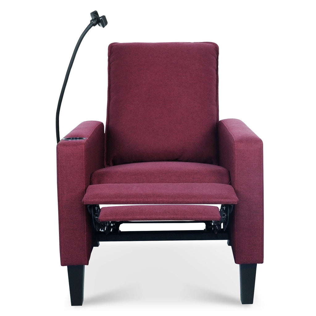 Fauteuil inclinable manuel moderne en tissu rouge avec support pour téléphone portable, porte-gobelet et repose-pieds