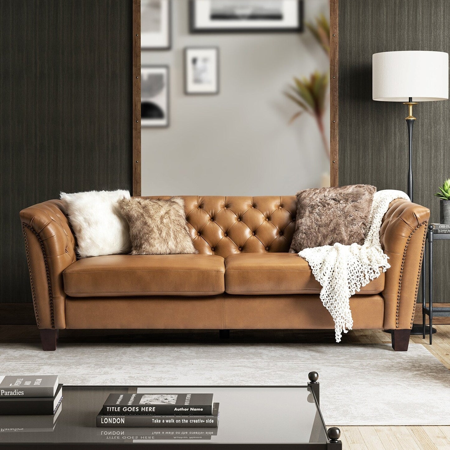 Canapé capitonné Regina 82,5 en cuir véritable pour salon par HULALA HOME