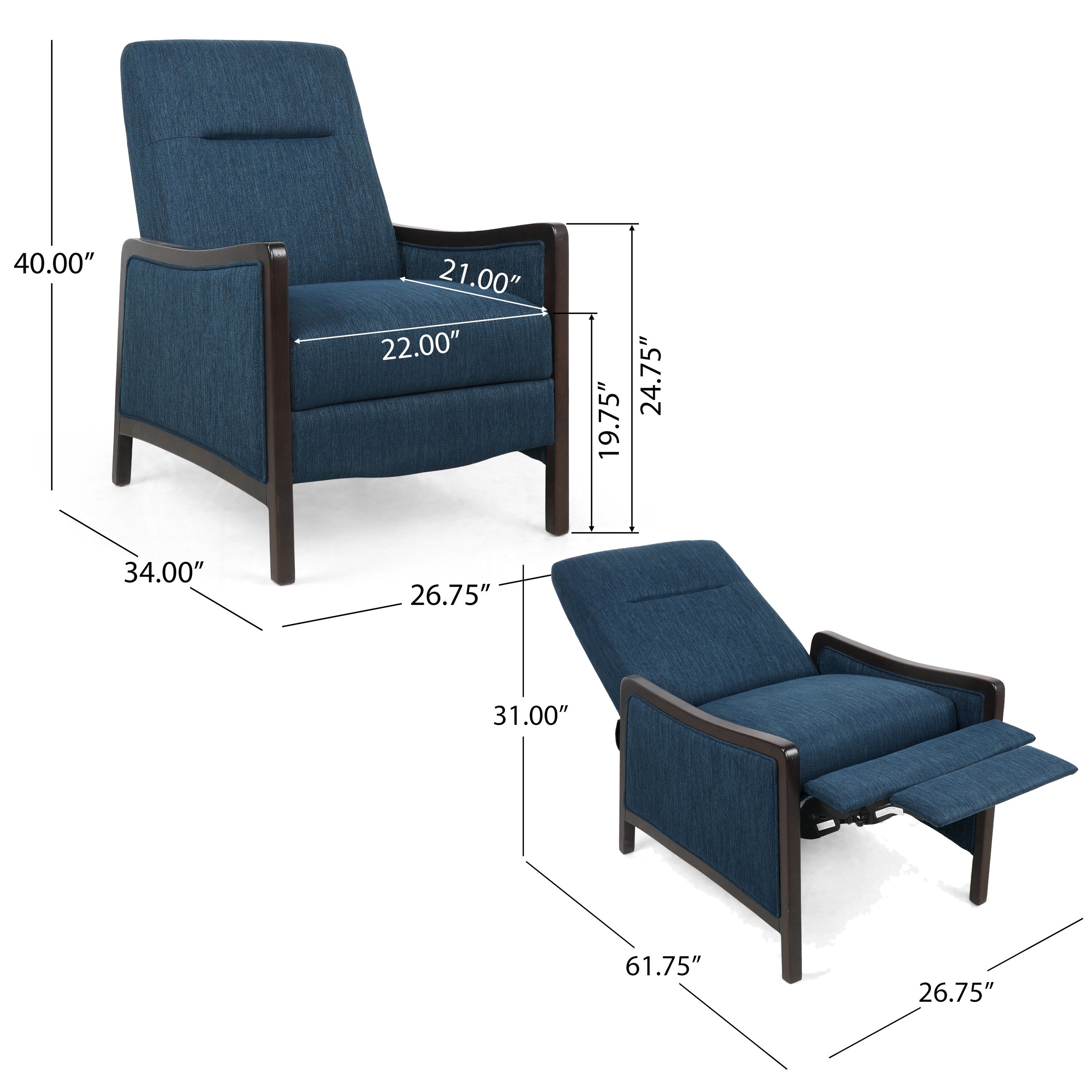 Fauteuil inclinable Reina, bouleau brun, tissu bleu marine