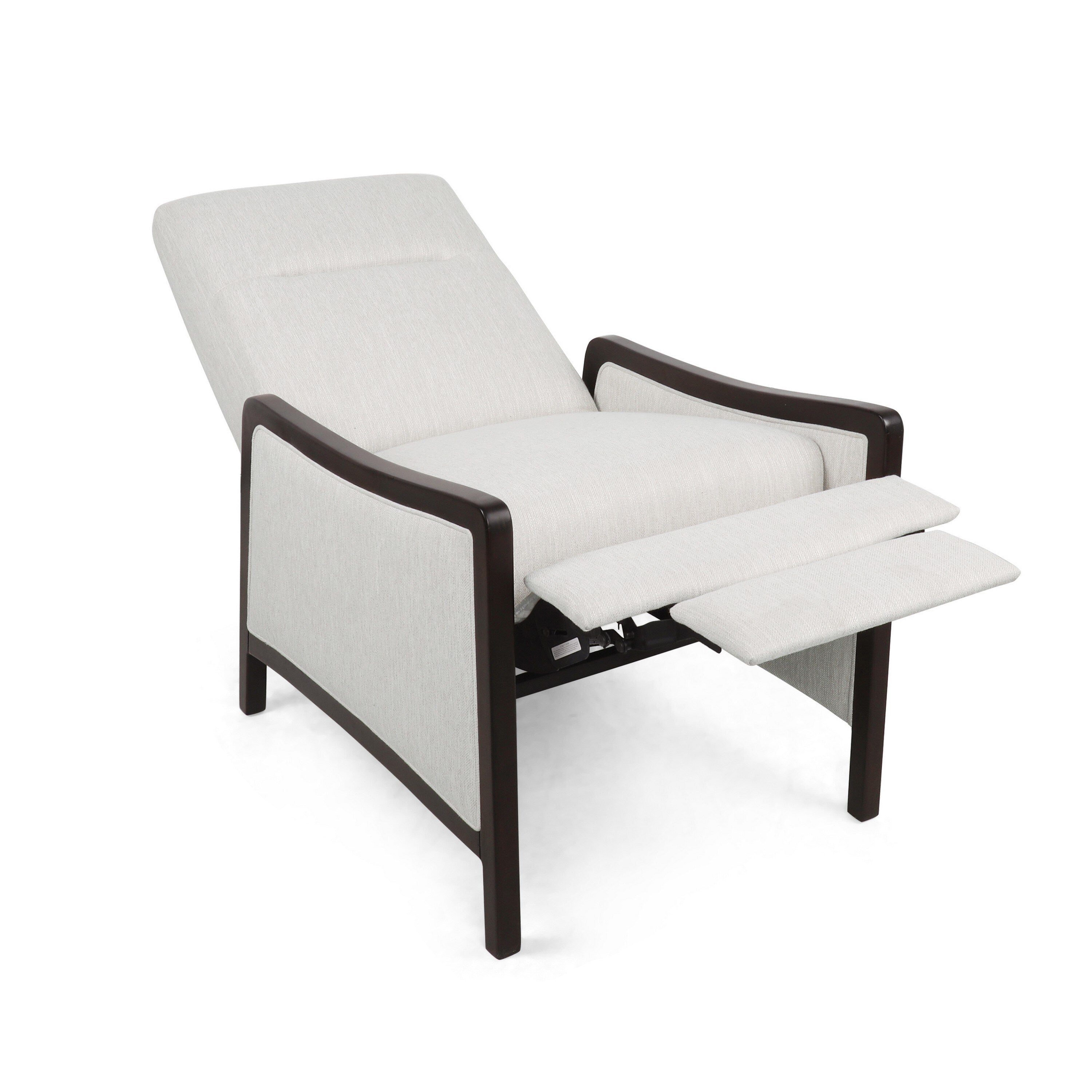 Fauteuil inclinable Reina avec dossier rabattable, bois de bouleau brun, tissu beige