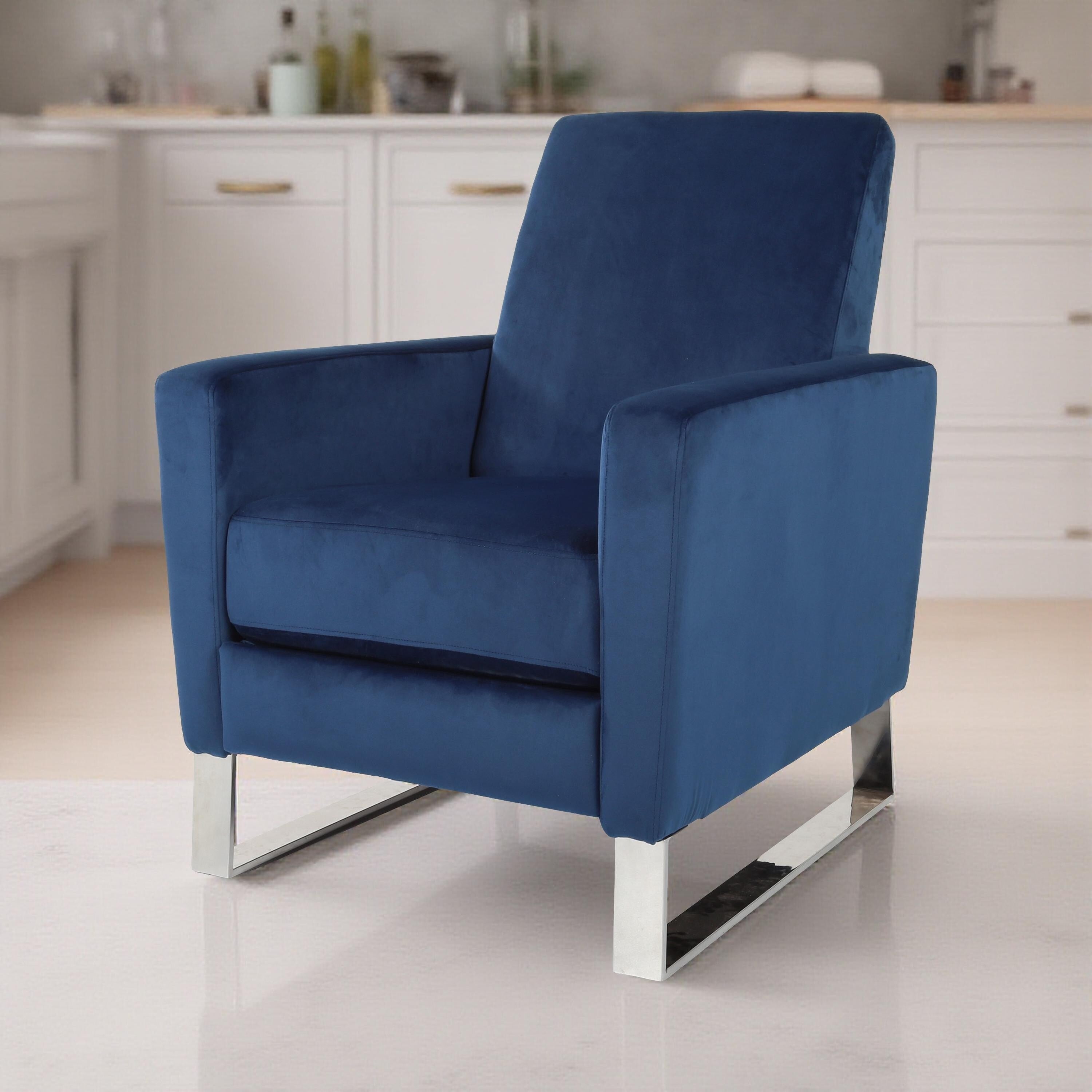 Fauteuil inclinable Reki, dossier à poussée manuelle, acier inoxydable, velours bleu