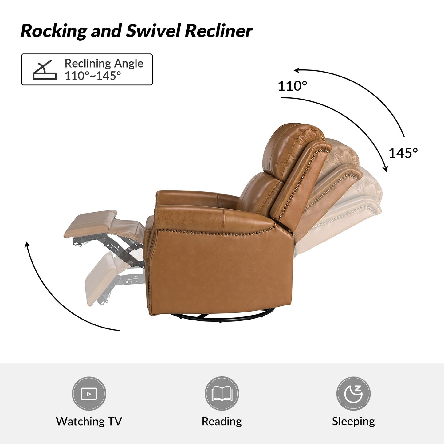 Fauteuil inclinable pivotant traditionnel Renato en cuir véritable avec base en métal, lot de 2 par HULALA HOME