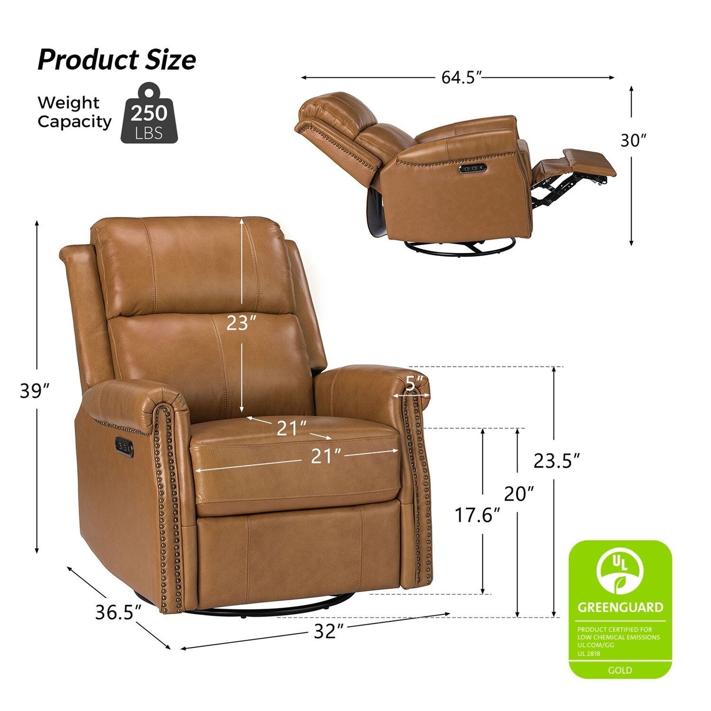 Fauteuil inclinable pivotant traditionnel Renato en cuir véritable avec base en métal, lot de 2 par HULALA HOME