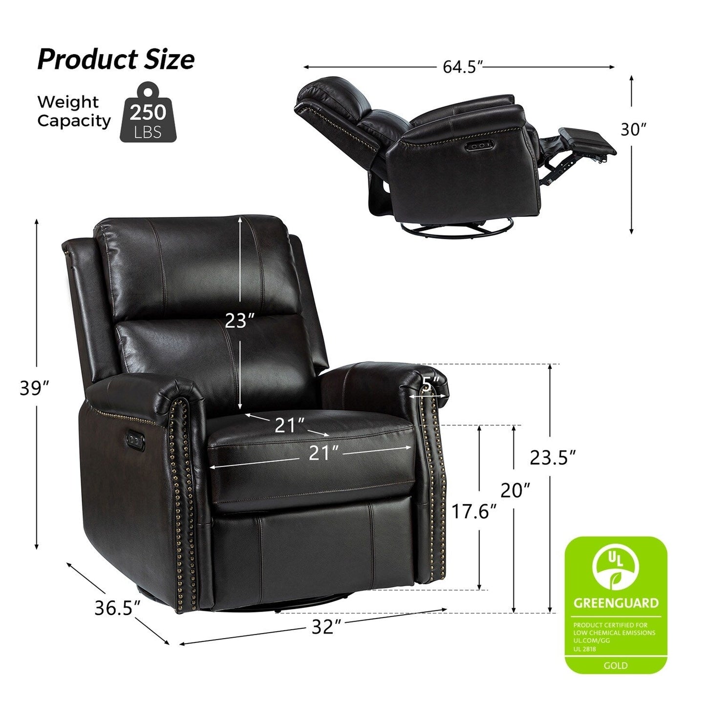 Fauteuil inclinable pivotant traditionnel Renato en cuir véritable avec base en métal, lot de 2 par HULALA HOME
