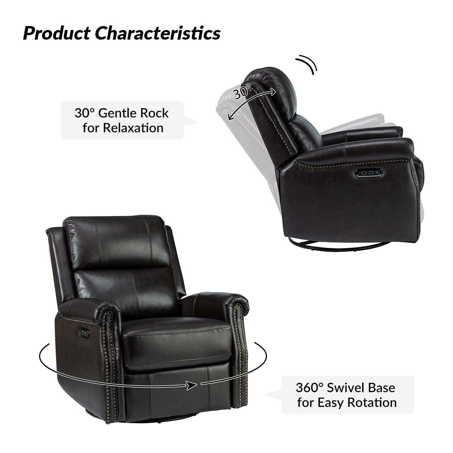Fauteuil inclinable pivotant traditionnel Renato en cuir véritable avec base en métal, lot de 2 par HULALA HOME