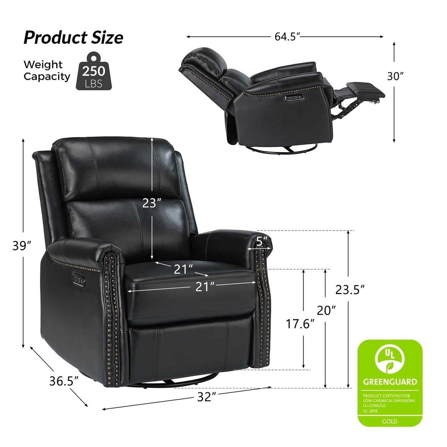 Fauteuil inclinable pivotant traditionnel Renato en cuir véritable avec base en métal, lot de 2 par HULALA HOME